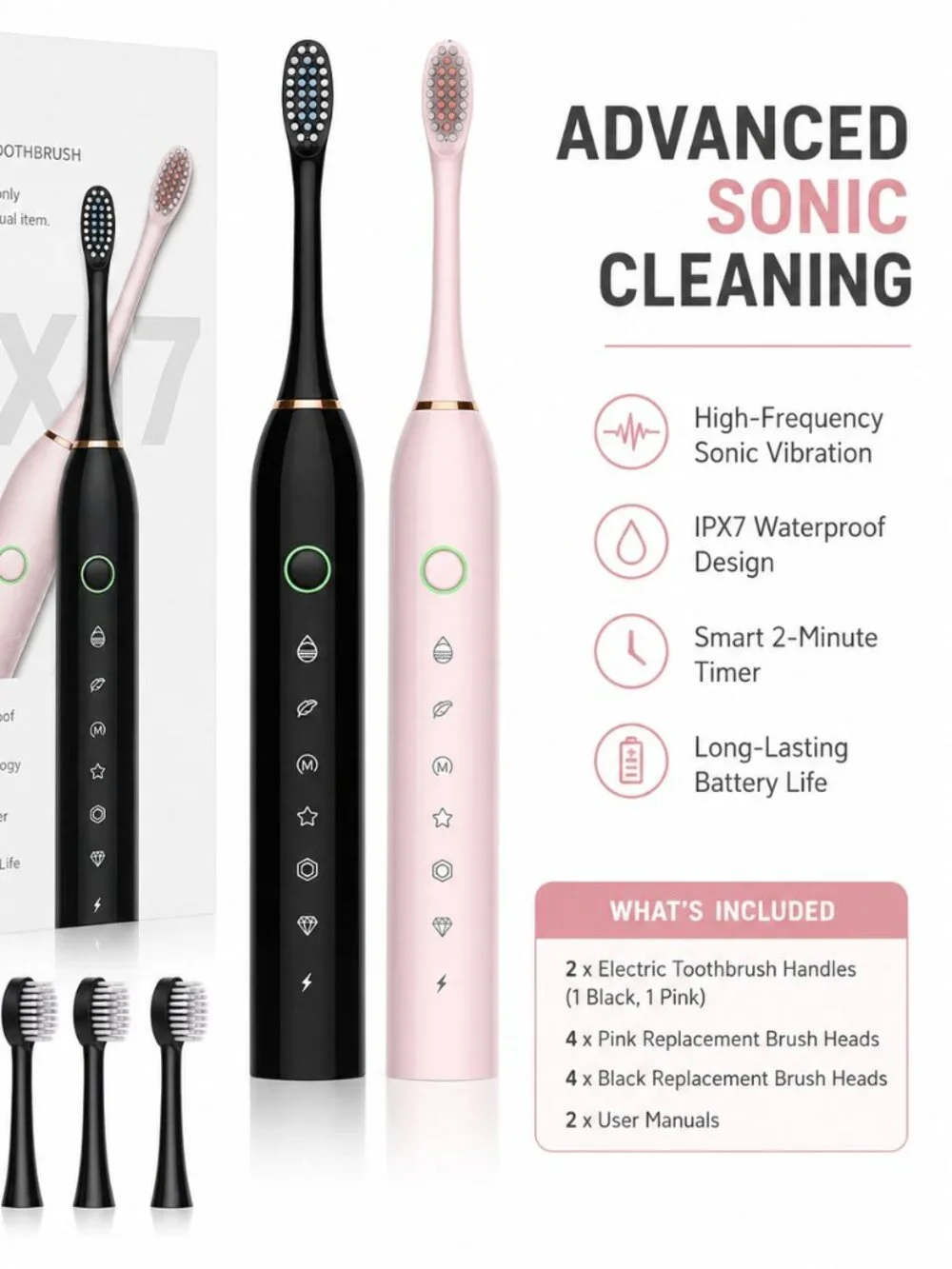 Skauerer Sonic Electric Toothbrush 2 Pack Rechargeable 8 Brush Heads Pink Black